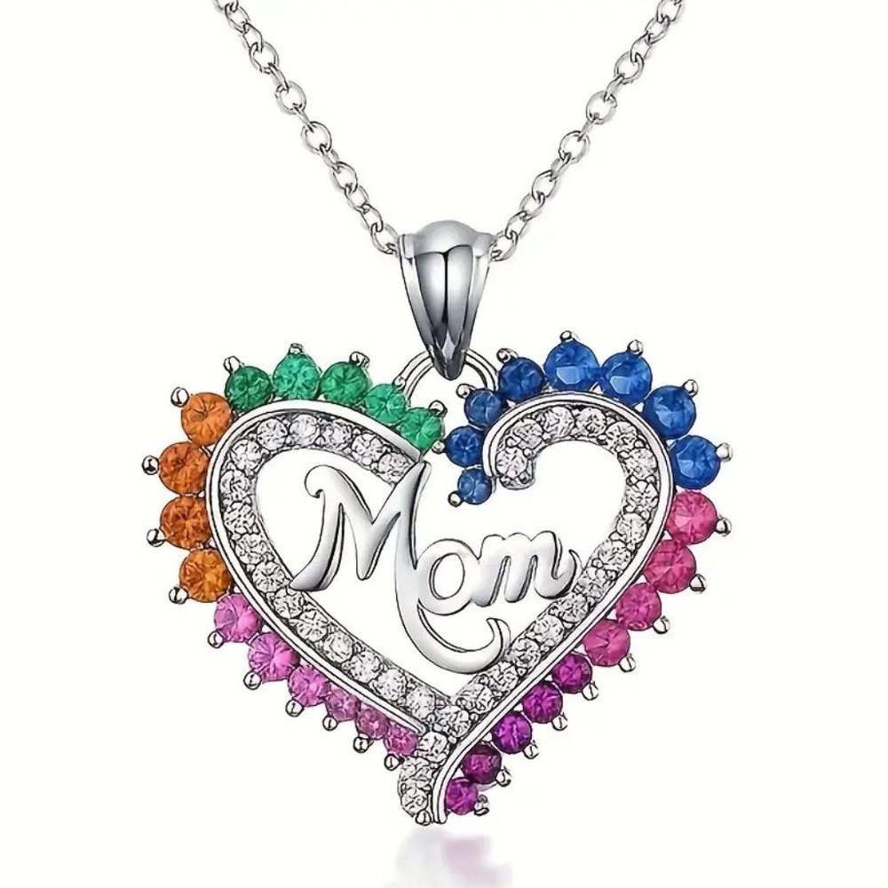 "Mom" Crystal Rhinestone Rainbow Heart Necklace